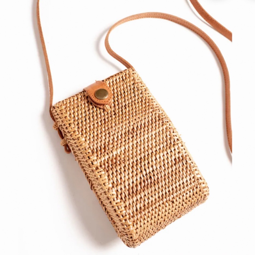 RATTAN PHONE CROSSBODY CASE 8” X 4” HAND MADE IN INDONESIA FULLY LINED INTERIOR